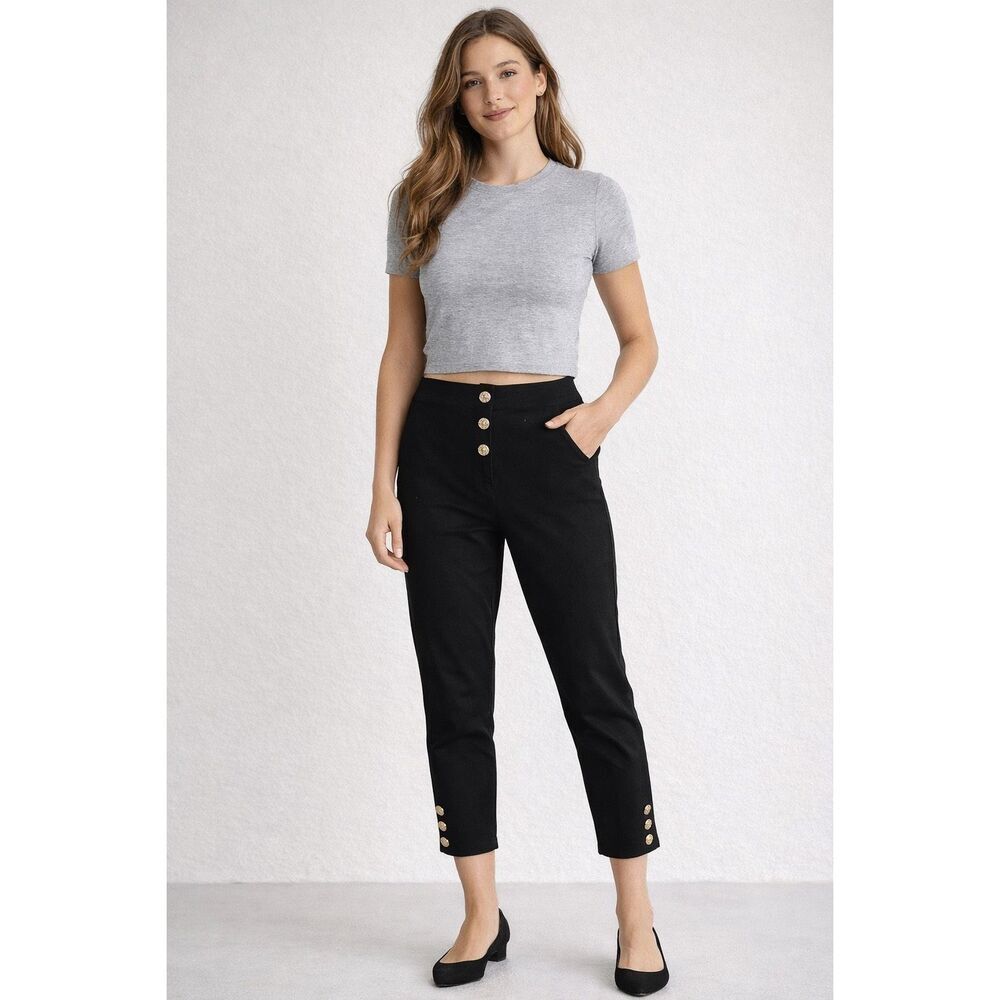 Arefeva Black Cropped Pants Women’s Size L Gold Button High Waist Slim Ankle